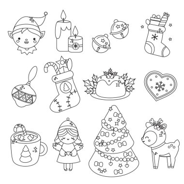 Sevimli Noel çizgisi simgeleri. Elf, ladin, geyik ve Kawaii tarzında diğer yeni yıl bayram sembolleri. Kış kutlama tasarımı için izole edilmiş vektör elementlerinin toplanması