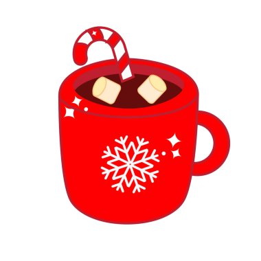 Sıcak bir bardakta Noel içkisi. Yeni yıl menüsü ve diğer tasarımlar için bir fincan şekerli kakao ve marshmallow. vektör klipsi sanatı