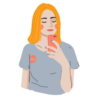Cartoon girl making selfie with smart phone. Modern young female in trendy t-shirt with phone. Vector flat illustration. clipart