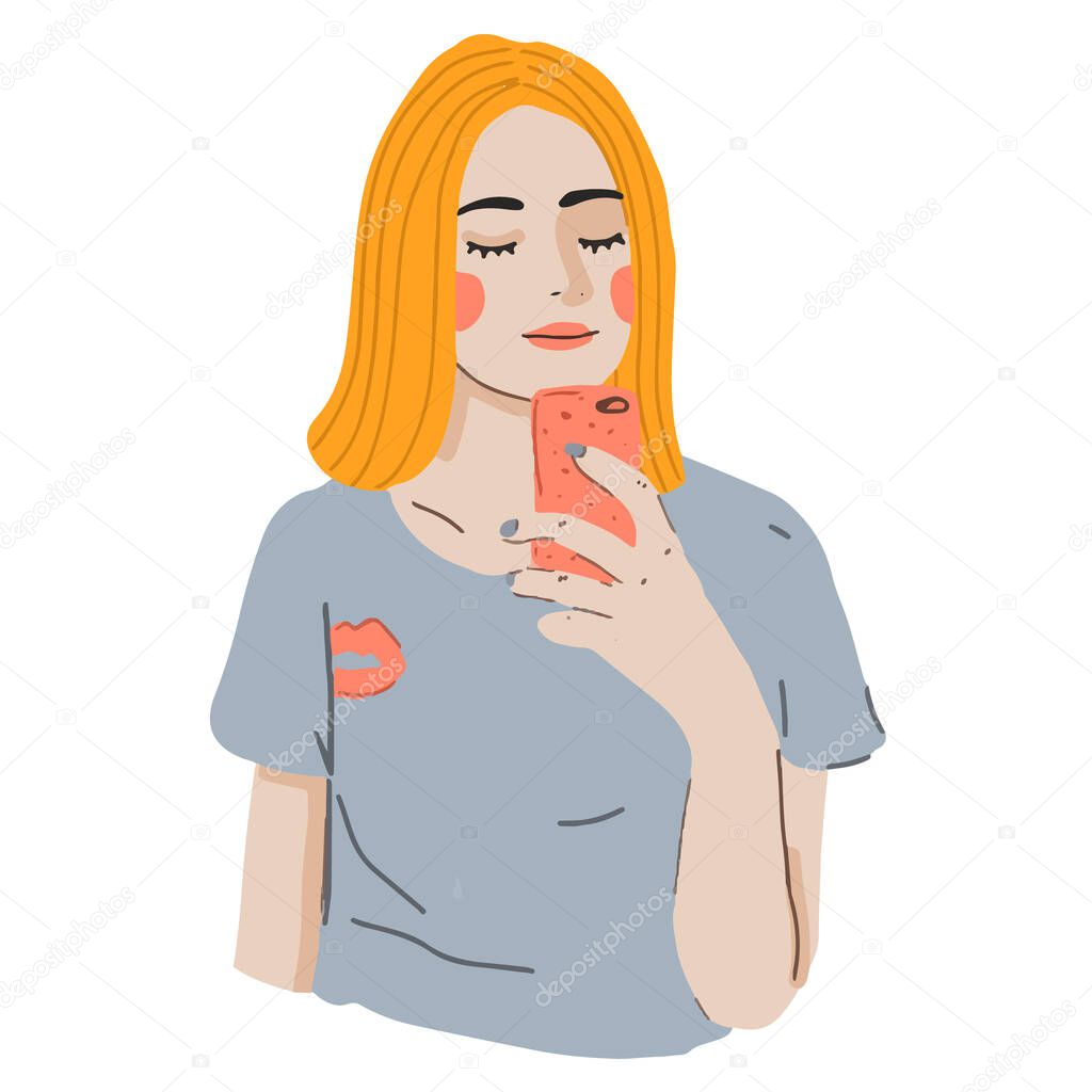 Cartoon girl making selfie with smart phone. Modern young female in trendy t-shirt with phone. Vector flat illustration.