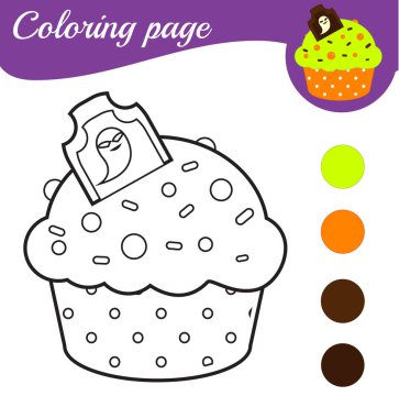 Cadılar Bayramı çöreğiyle boyama sayfası. Çocuklar, çocuklar ve yeni yürümeye başlayanlar için yazdırılabilir etkinlik.