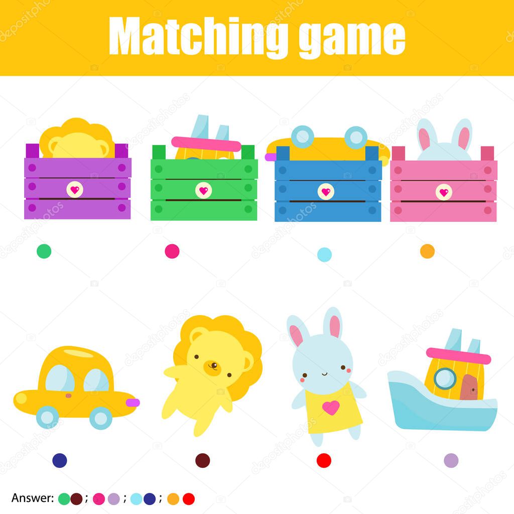 Educational game for children, kids activity. Match toys with box. Study logic for pre school years toddlers