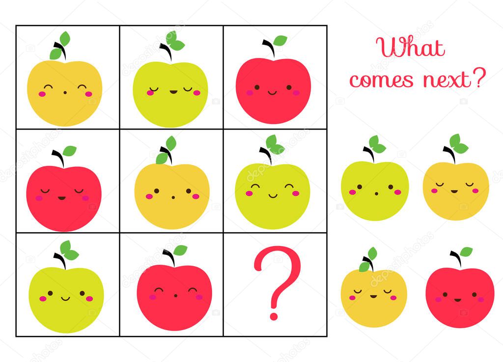 What comes next educational children game. Kids activity sheet, continue the row of apples