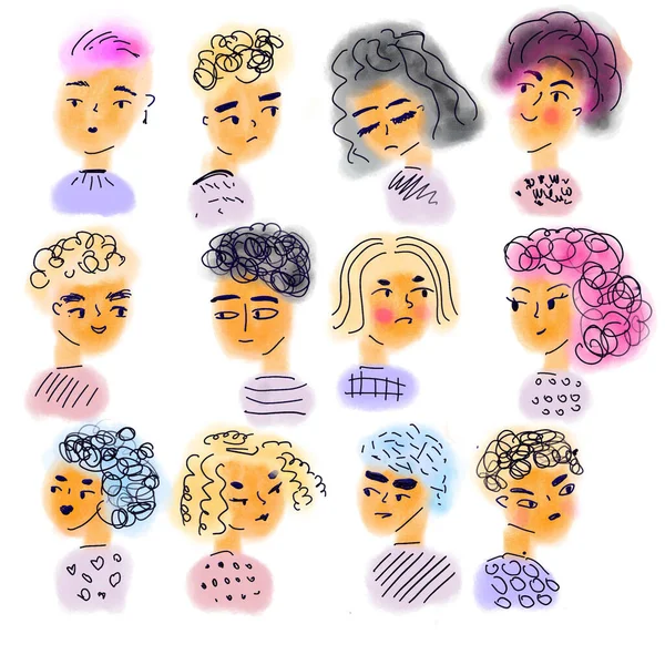 Doodle Pessoas Caras Homem Mulher Cabeças Masculinas Femininas Engraçadas Estilo — Fotografia de Stock