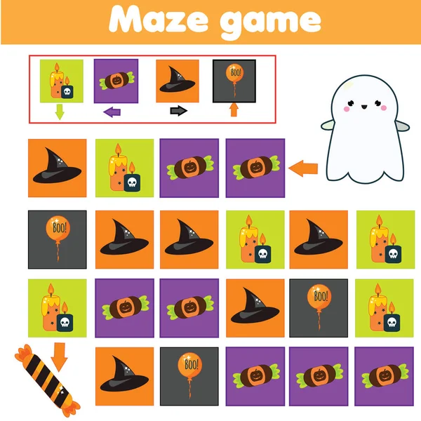 Maze Game Halloween Labyrinth Navigation Help Ghost Find Sweets Learning — Stock Vector