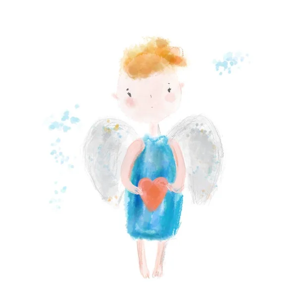 Ängel Håller Hjärtat Händerna Digital Akvarell Konstnärlig Illustration För Kort — Stockfoto