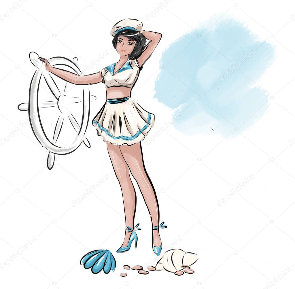 Navy Woman. Female in retro style capitain costume. Vintage Girl in sailor suit hold sheep steering wheel. artistic illustration