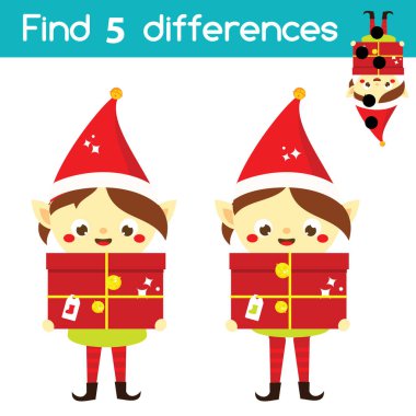 Noel Baba elfi. Eğitici çocukların oyunlarındaki farklılıkları bul. Çocuklar için eğlence sayfası. Noel, Yeni Yıl bayramı teması