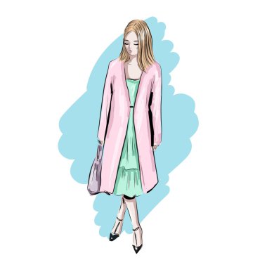 Pembe ceketli genç bayan. Moda tasviri, modaya uygun giyinen kadın tasviri.