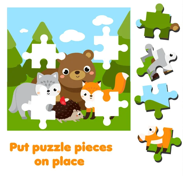漫画の森の動物 幼児用ジグソーパズル ピースと完全な画像を一致させます 子供の教育活動 子供のページ — ストックベクタ