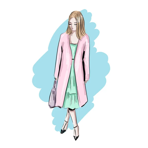 Jovem Mulher Casaco Rosa Desenho Ilustração Moda Feminino Roupas Moda — Vetor de Stock