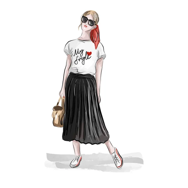 Jovem Mulher Shirt Sirene Preta Desenho Ilustração Moda Feminino Roupa — Vetor de Stock