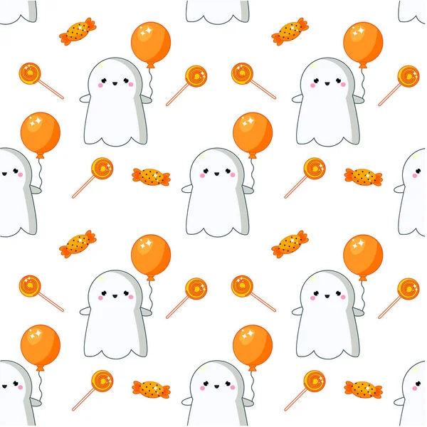 Patrón Sin Costuras Halloween Con Dulces Fantasmas Dulces Fondo Colorido — Archivo Imágenes Vectoriales