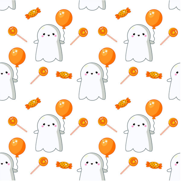 Halloween seamless pattern with sweets, ghosts and candy. Colorful background for textile, wrapping and other design