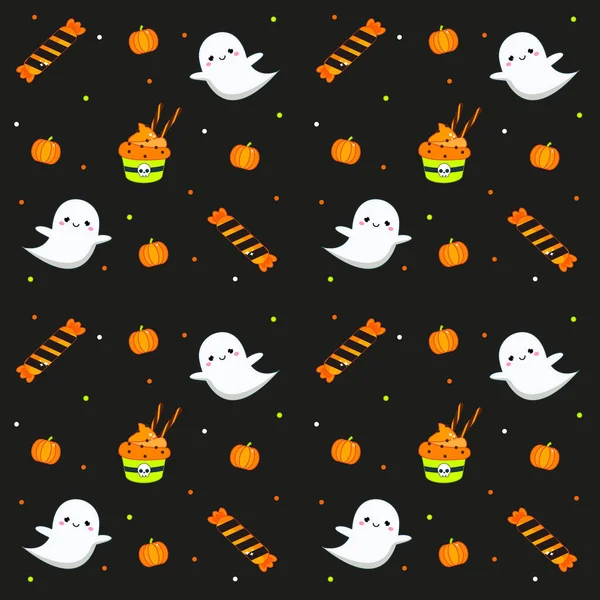 Halloween Sem Costura Padrão Com Cupcakes Fantasmas Doces Fundo Colorido — Vetor de Stock