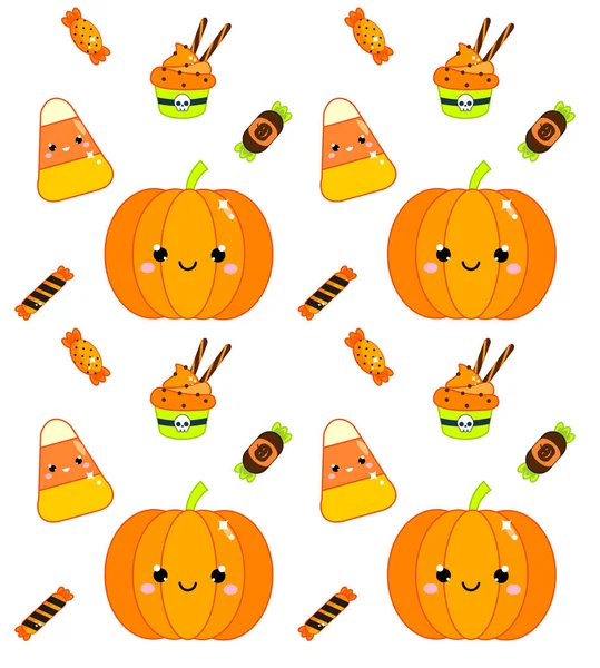 Halloween Seamless Pattern Pumpkin Candy Corn Sweets Colorful Background Textile — Stock Vector