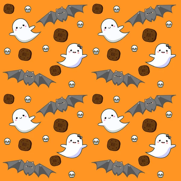 Halloween Sem Costura Padrão Com Biscoitos Fantasmas Morcego Fundo Colorido — Vetor de Stock