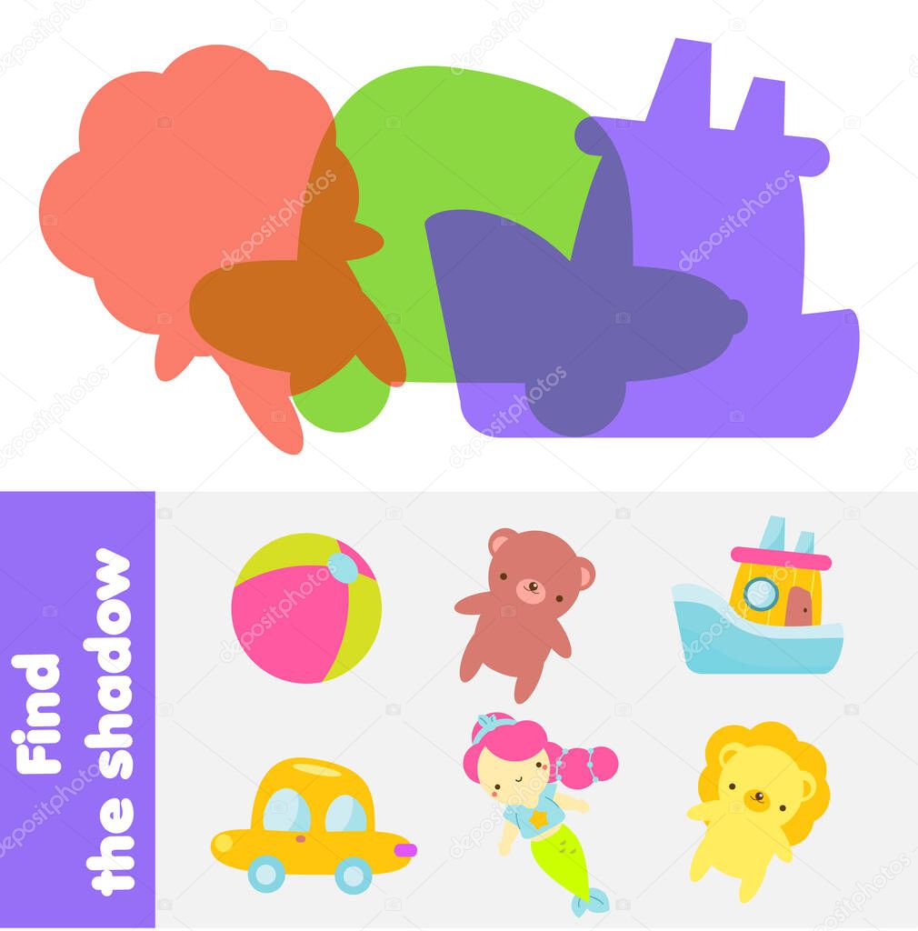 Shadow matching game. Kids activity with toys. Find silhouette page for toddlers
