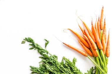 Havuç - taze, yapraklı - beyaz arkaplanda üst görünüm kopyalama alanı