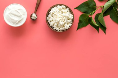 Kaşıklı süzme peynir - kahvaltı için - üst görünüm kopyalama alanı