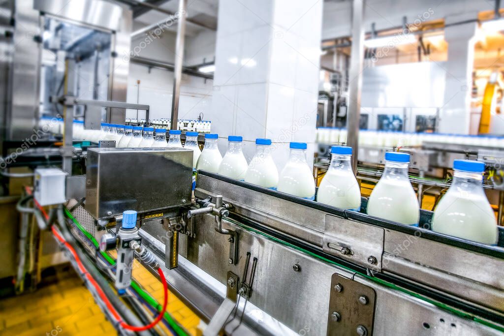 Milk production at factory. White bottles on conveyor line