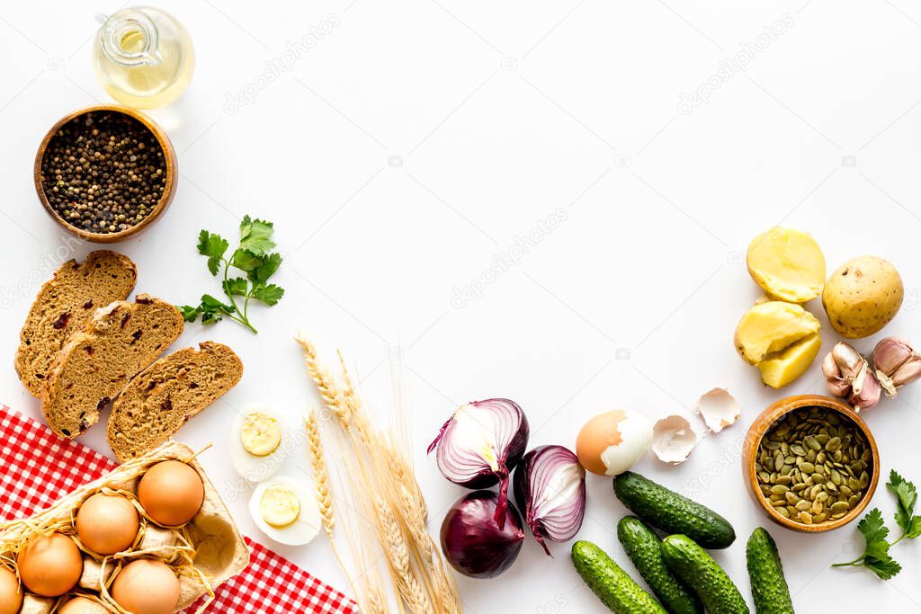 Country dinner table with fresh homemade food. Overhead view