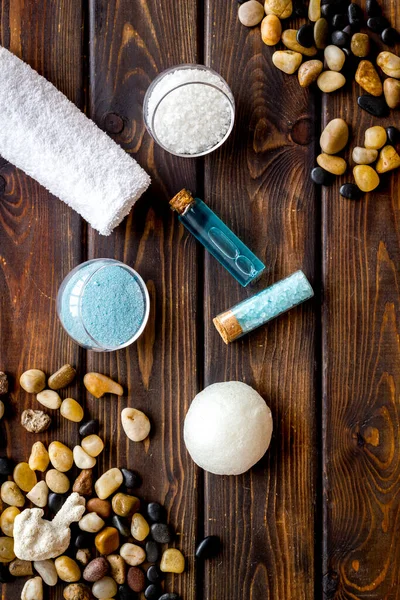 Wellness set of sea salt, stones and aroma oil. Top view — Stock Photo, Image