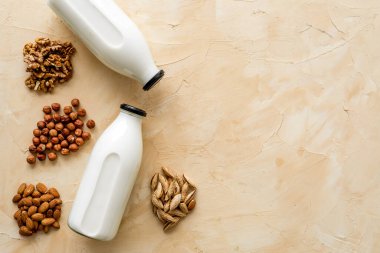 Sütsüz vejetaryen sütü şişeleri. Laktozsuz fındık ve tahıllı içecek. Üst görünüm