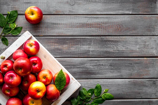 Grupo de manzanas rojas en bandeja de madera con hojas. Cosecha de otoño — Foto de Stock