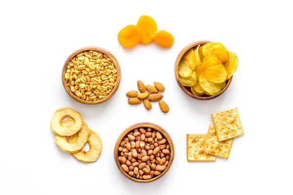 Pattern of nuts and snacks collection top view — Stock Photo, Image