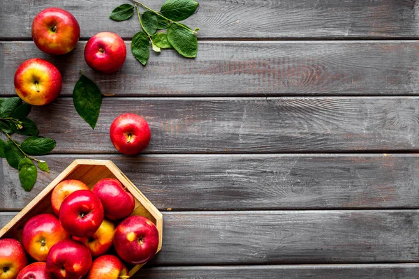 Grupo de manzanas rojas en bandeja de madera con hojas. Cosecha de otoño — Foto de Stock