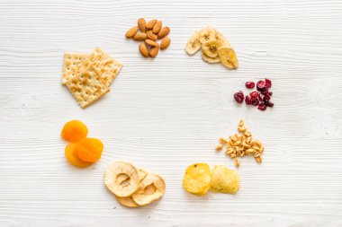 Kurumuş meyve ve diğer atıştırmalıkların olduğu bir çerçeve.