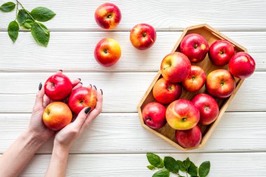 Tahta tepside yapraklı kırmızı elmalar grubu. Sonbahar hasadı