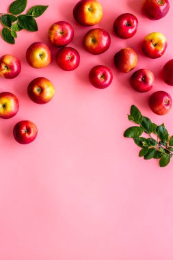 Yeşil yapraklı bir grup olgun kırmızı elma. Üst görünüm