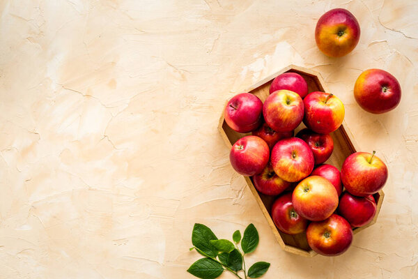 Группа красных яблок в деревянном подносе с листьями. Осенний сбор