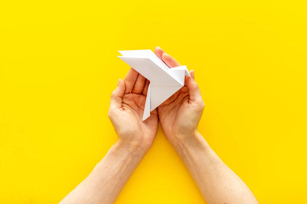 Origami bird in female hands. Care peace concept. Top view