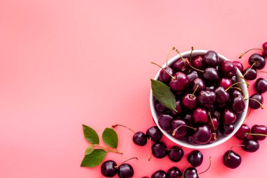 Kırmızı kiraz çerçevesi, böğürtlen arka planı. Genel Görünüm