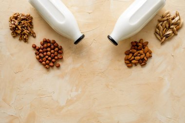 Badem, fındık, şişede ceviz sütü - üst manzara