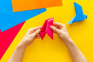 Kağıt katlayan kadın elleri - origami kuşu. Genel Görünüm