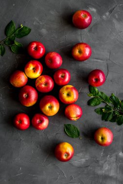Yeşil yapraklı bir grup olgun kırmızı elma. Üst görünüm