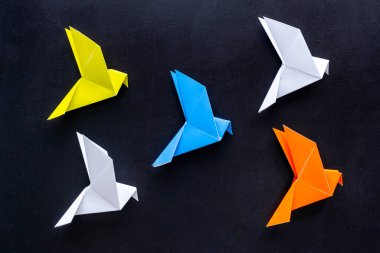 Farklı tonlarda kağıt kuşlar. Origami konsepti. Üst görünüm