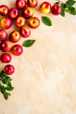 Elma arkaplanı mutfak masasında - üst görünüm