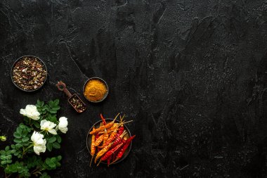 Çiçekli sıcak Hint baharatları seti, üst manzara.