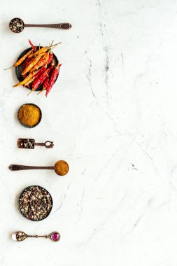 Metal kaseler ve kaşıklardaki baharatlar ve baharatlar. Genel Görünüm