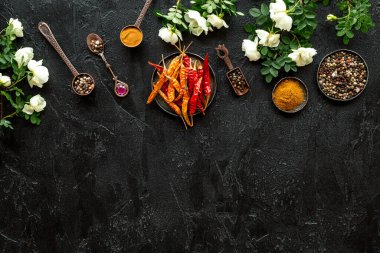 Mutfak aletleri, metal kaseler ve kaşıklarda sıcak baharatlar. Üst görünüm