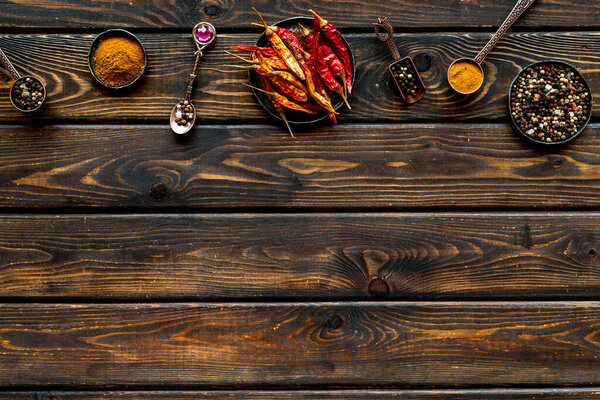 Flat lay of Indian hot spices and herbs, top view