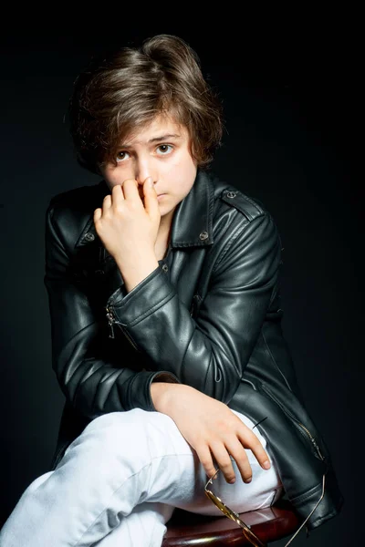 Adorable Preteen Boy Black Leather Jacket Posing Black Background Looking — Stock Photo, Image