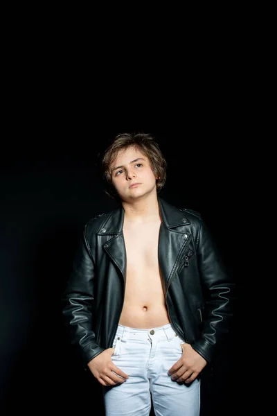 Preteen Boy Black Leather Jacket Posing Black Background — Stock Photo, Image