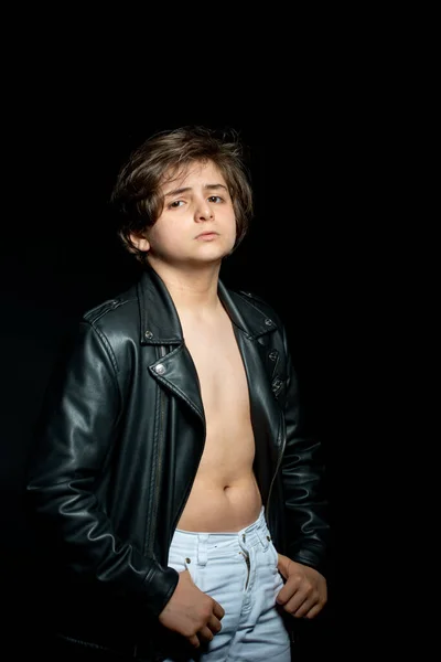 Preteen Boy Black Leather Jacket Posing Black Background — Stock Photo, Image