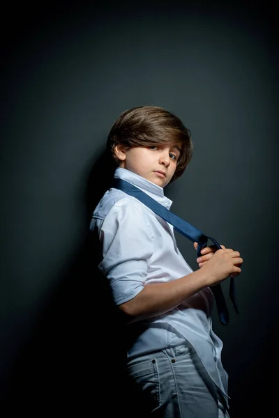 Preteen Boy White Shirt Posing Black Background — Stock Photo, Image